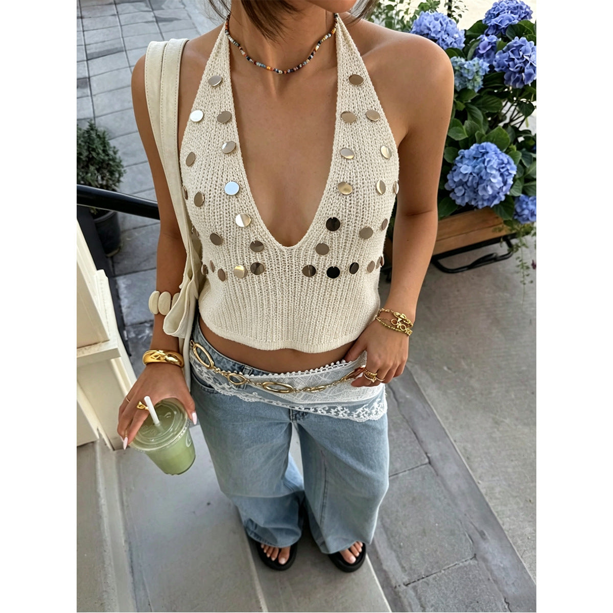 French Metal Vintage Sequined Halter Knitted Vest Top Deep V Plunge neck Cropped Sexy Sleeveless