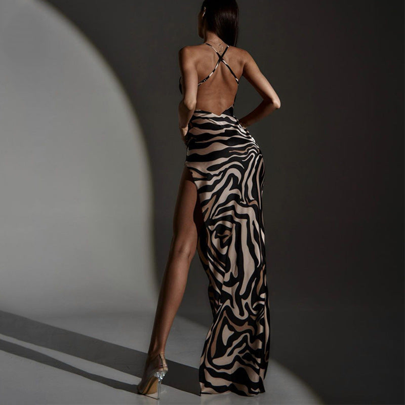 Summer Tiger Pattern Bare Back Mesh Splicing Sling Dress High Slit Beach Vacation Dress