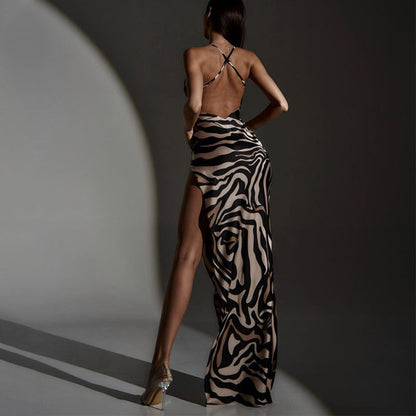 Summer Tiger Pattern Bare Back Mesh Splicing Sling Dress High Slit Beach Vacation Dress
