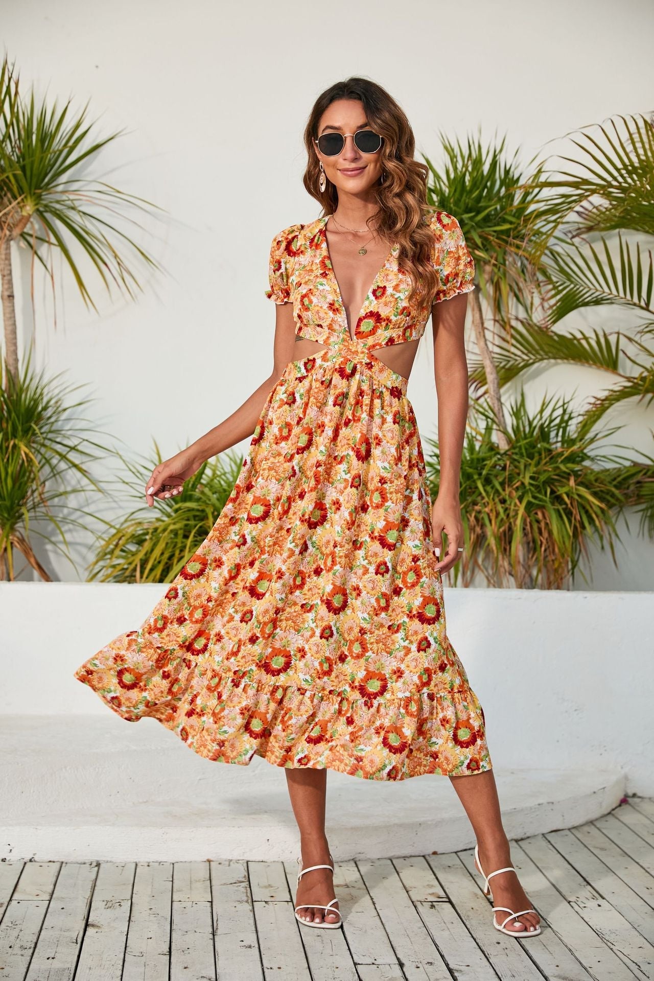 Spring Summer Women Clothing V Neck Printed Dress Backless Midi Dress