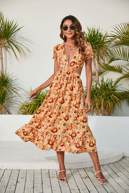 Spring Summer Women Clothing V Neck Printed Dress Backless Midi Dress