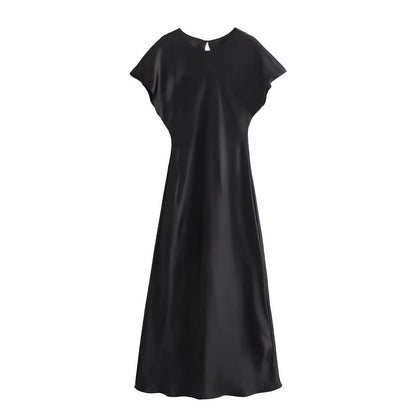 Satin Dress Satin Sleeveless Dress Casual Solid Color V neck Silk Satin Midi Dress