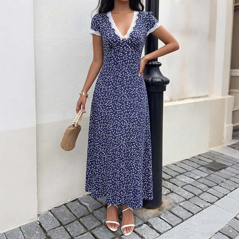 Sweet Vacation Lace V neck Patchwork Short Sleeve Floral Dress