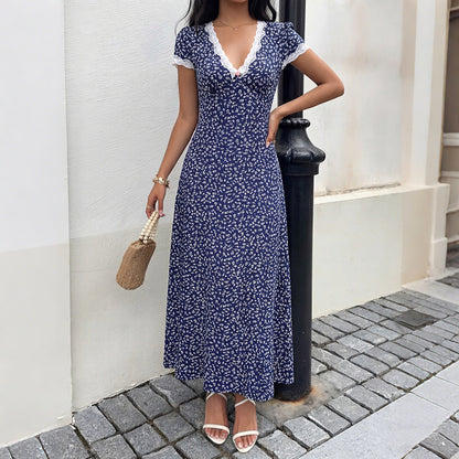 Sweet Vacation Lace V neck Patchwork Short Sleeve Floral Dress
