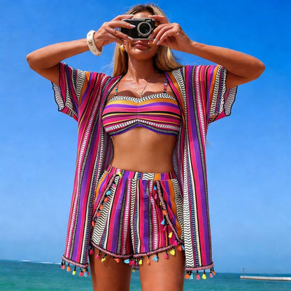 Sun Protective Blouse Sexy Tassel Bikini Four Piece Set Swimsuit Set