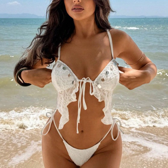 Summer Women Lace Sequ Spaghetti Strap Sexy Beach Vacation Bikini Swimsuit