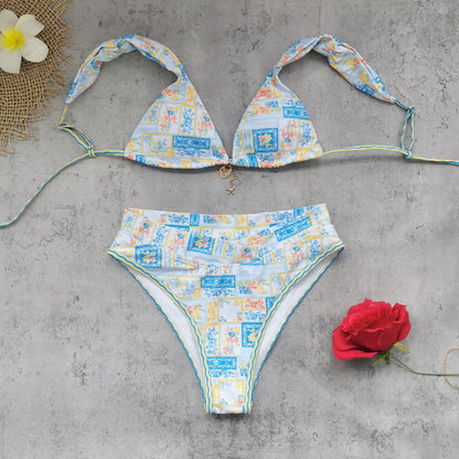 Three Point Sexy Backless Lace up High Waist Bikini Vintage Floral Export Split Swimsuit