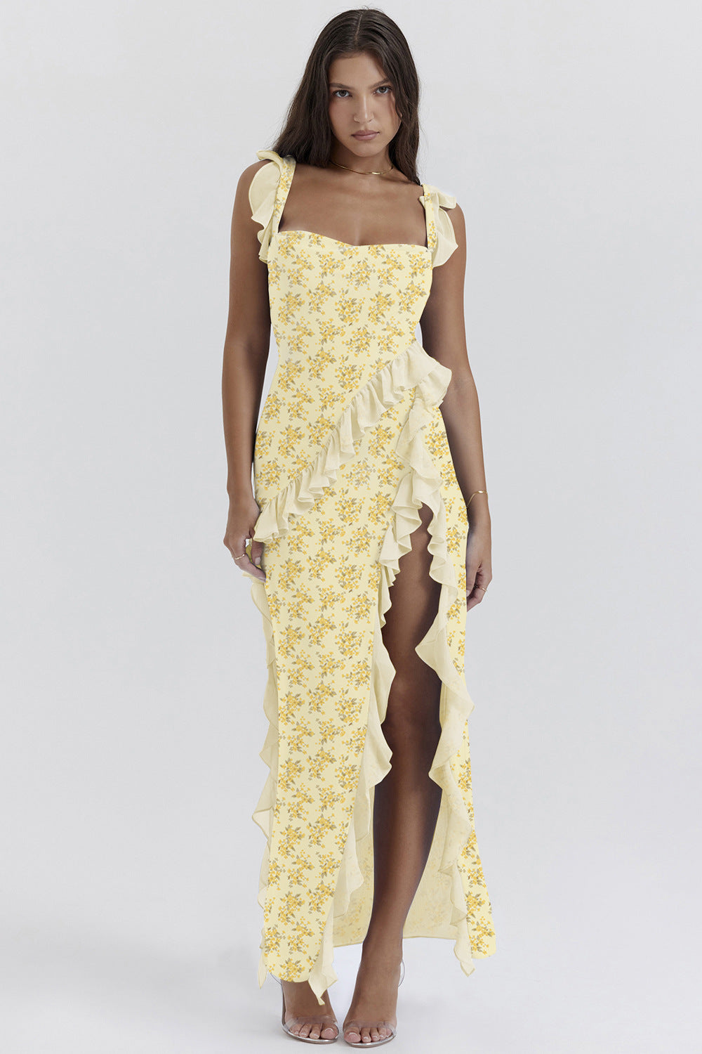 Summer French Strap Wooden Ear Sexy Split Printing Dress