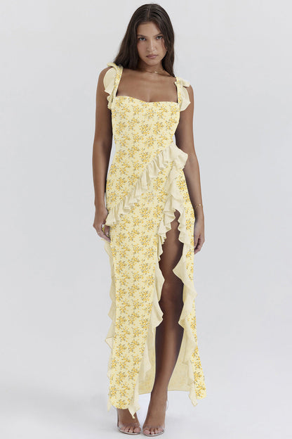 Summer French Strap Wooden Ear Sexy Split Printing Dress