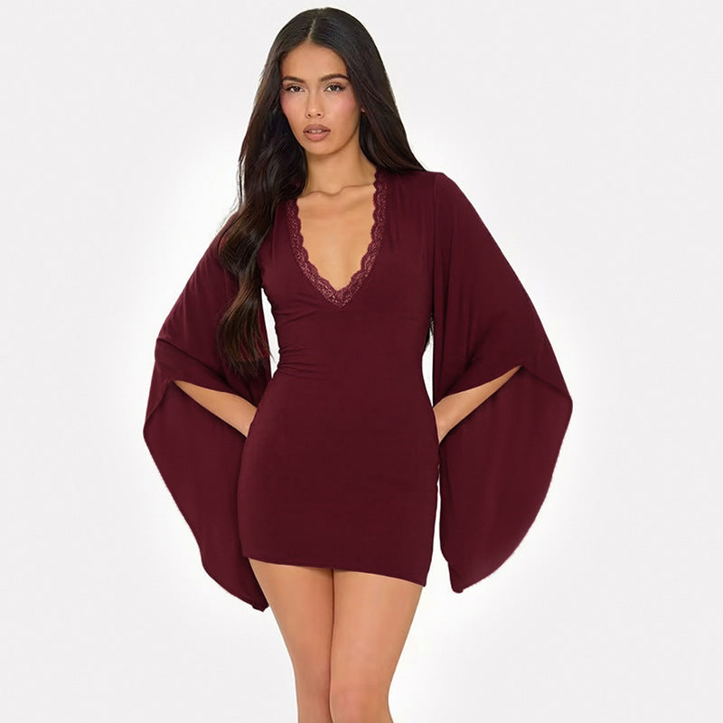 Women Clothing Autumn Solid Color Casual Lace Flared Long Sleeve Bodycon Dress