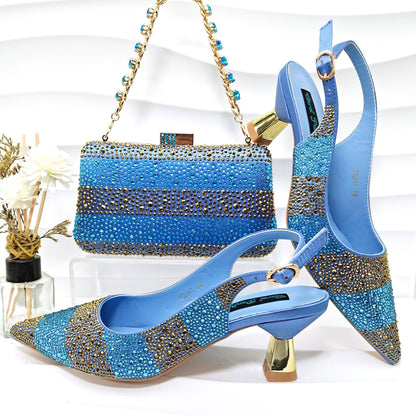 Simple Pointed Striped Delicate Rhinestone Decorative Cocktail Elegant Women Shoes Bags Two Piece Sets High Heels