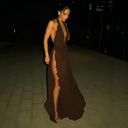 Sexy Low Collar High Slit Halter Lace Dress