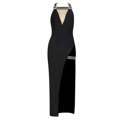 Summer Elegant Rhinestone Halter Dress Sexy Sleeveless Side Slit Dress
