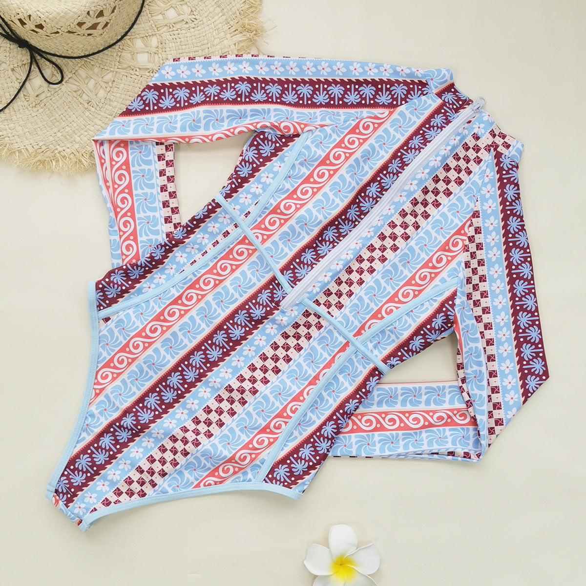 Striped Printed Long Sleeve Zipper Briefs Surfing Set One Piece Swimsuit Women