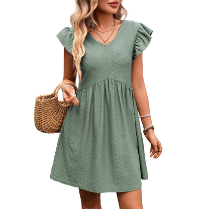 Summer Women Clothing V neck Ruffle Slimming Short Sleeve Large Swing Elegant Dress