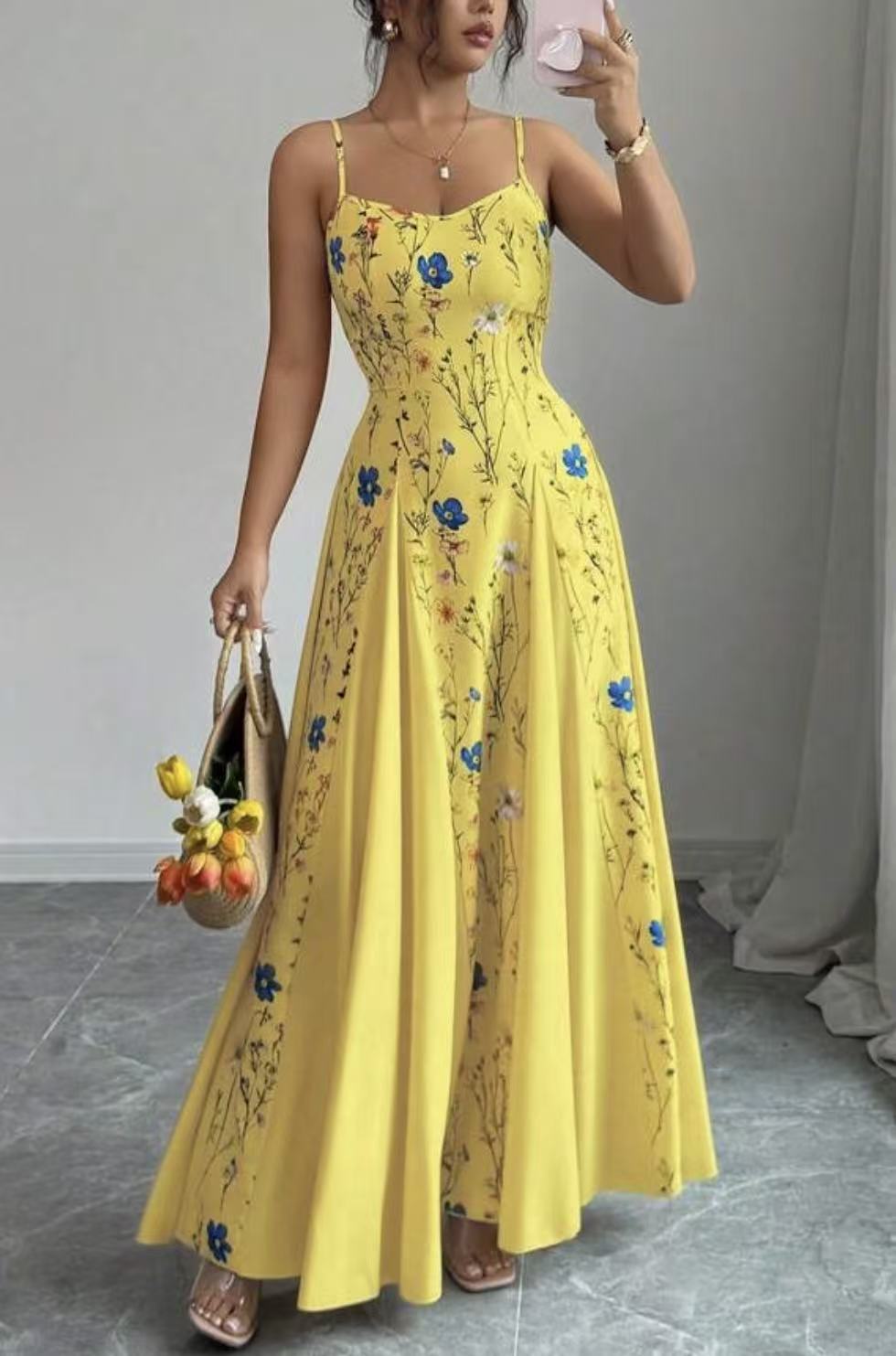 Summer Printed Waist Controlled Splicing Sling Maxi Dress Women Elegant Floral Dress