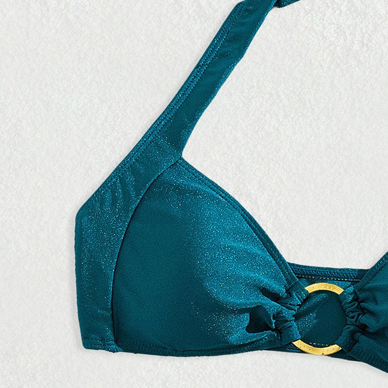 Sexy Bikini Solid Color Biniki Split Swimsuit Gold Ring Halter Swimsuit