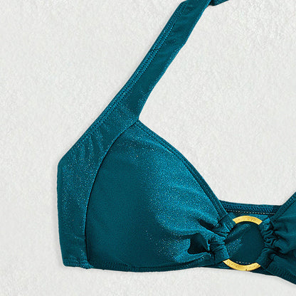 Sexy Bikini Solid Color Biniki Split Swimsuit Gold Ring Halter Swimsuit