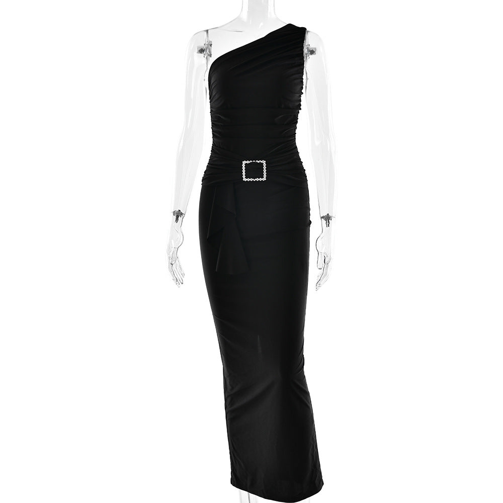 Women Wear Maxi Dress Sexy One Shoulder Pleated Sheath Dress