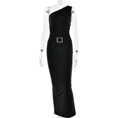Women Wear Maxi Dress Sexy One Shoulder Pleated Sheath Dress