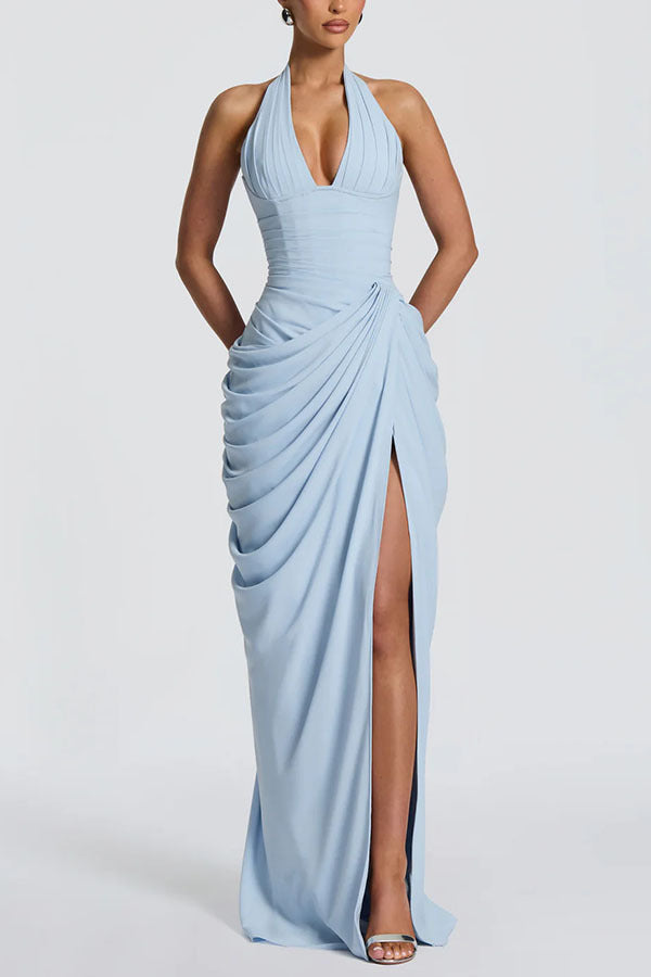 Spring Summer Halter Split Dress Casual Vacation Long Tie Dress