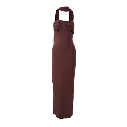 Women Summer Halter Ribbon Twist Woven Wrapped Chest Backless Slim Fit Niche Maxi Dress