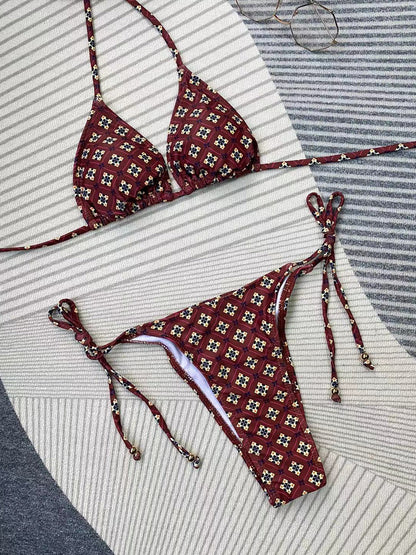 Bikini Printed Lace up Bikini Sexy Split Women Swimsuit