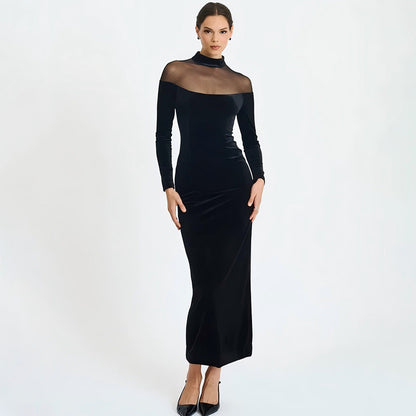Autumn Winter Wear Voile See through Stitching Dress Sexy Tight Solid Color Dress