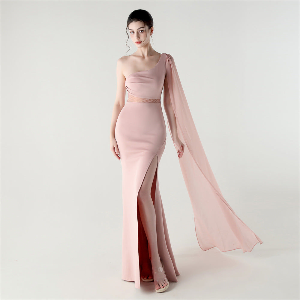 Single Shoulder Crossbody Stitching Mesh Design Satin Slim Cocktail Dress Evening Dress