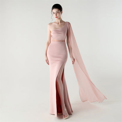 Single Shoulder Crossbody Stitching Mesh Design Satin Slim Cocktail Dress Evening Dress