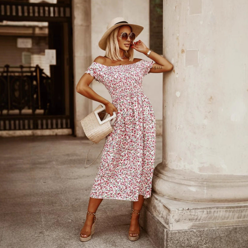 Summer Women Clothing off Shoulder Tube Top Cinched Waist Short Sleeve Dress