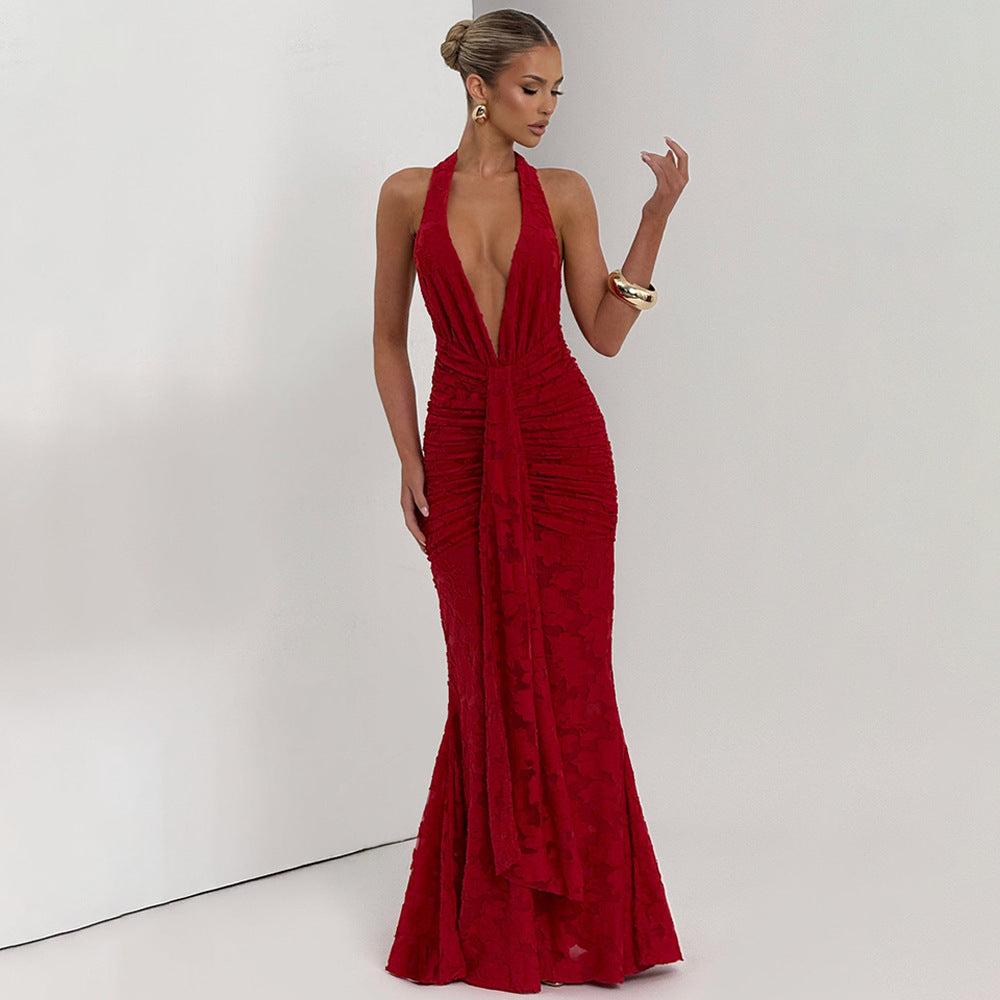 Lace Pleated Maxi Dress Women Sexy Deep V Plunge neck Backless Sheath Dress