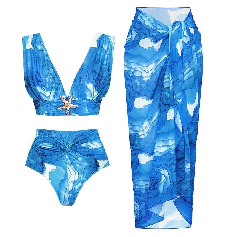 Bikini Digital Printed Three Piece Set V neck Sexy Swimsuit Women