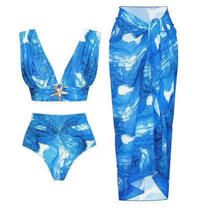 Bikini Digital Printed Three Piece Set V neck Sexy Swimsuit Women