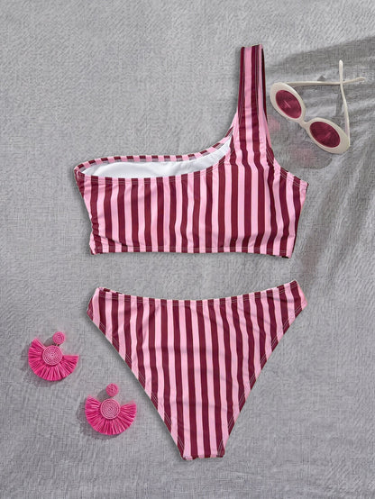 Bikini Pink Striped One Shoulder Tube Top Bikini Sexy Backless Low Waist Split Swimsuit