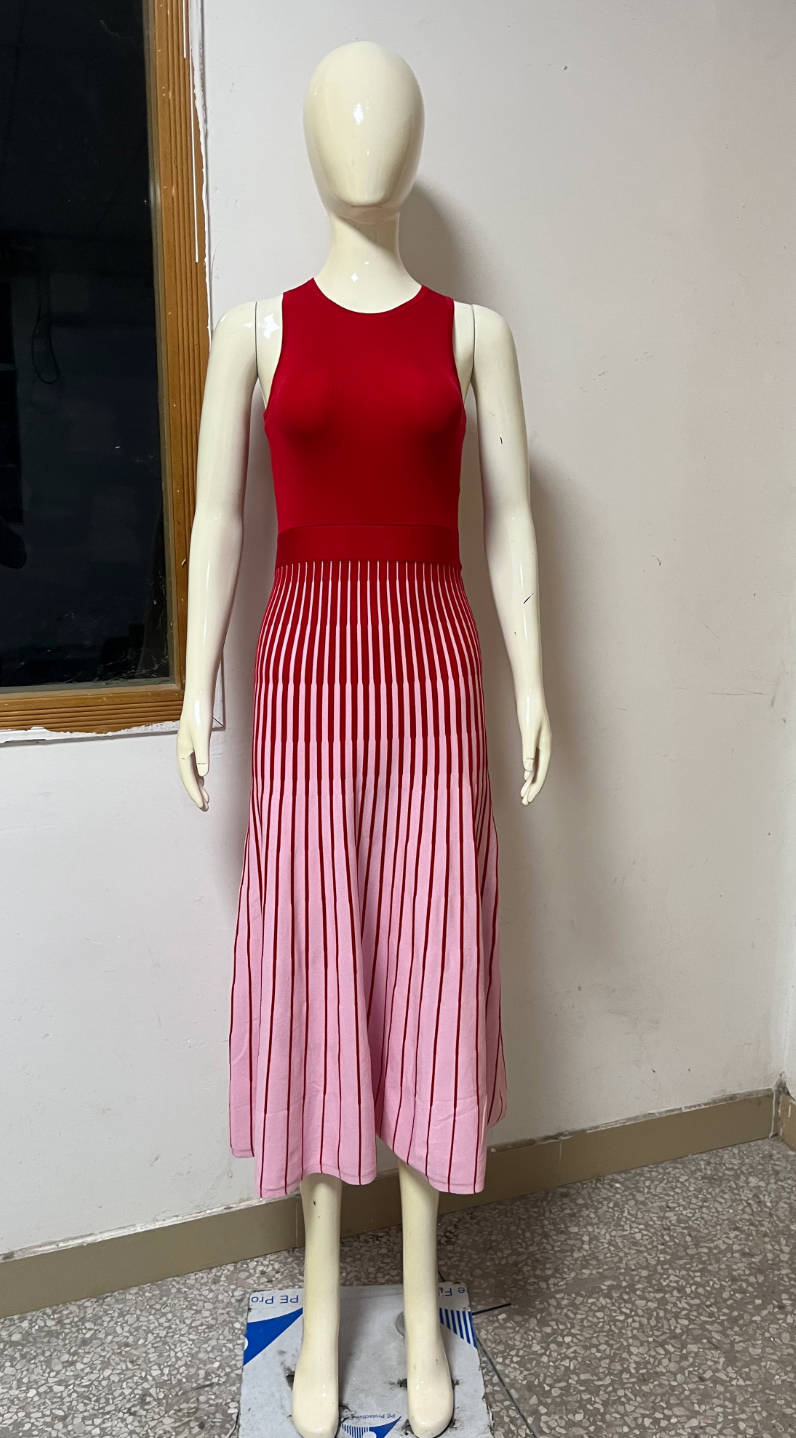 Spring Summer Contrast Colors Slimming Stripe Dress Inner Wear Fitted Waist Vest Base Knitting Dress