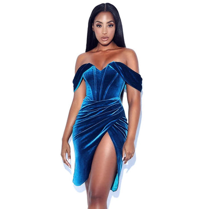 Off Shoulder Korean Velvet Boning Corset Dress Split Evening Dress Women Sexy