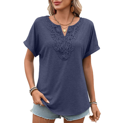 Women Clothing Spring Summer Solid Color V neck Lace Loose Short Sleeve T shirt Top