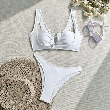 Solid Color Nylon Light Split Sexy Hollow Out Cutout Lace Swimsuit Swimwear Bikini