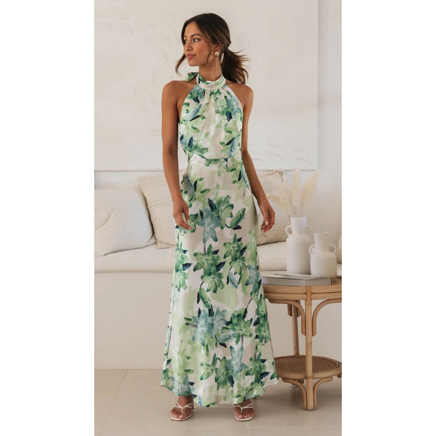 Spring Summer Floral Digital Printing Sweet Halter Mid Length Dress