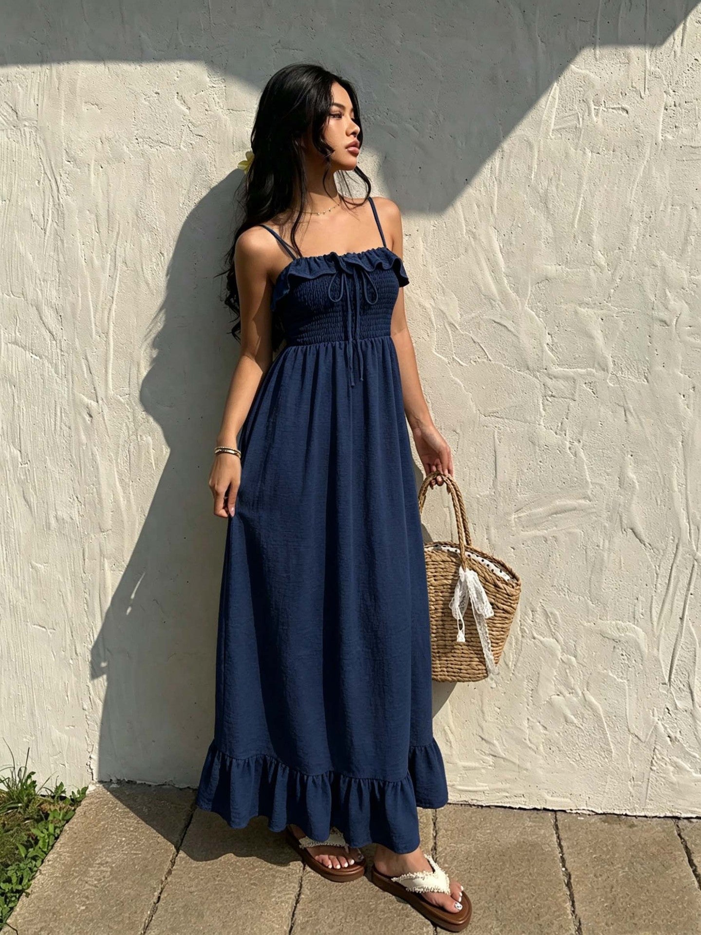 Ruffled Spaghetti Straps Dress Women Summer Tight Waist Slim Backless Long Vacation