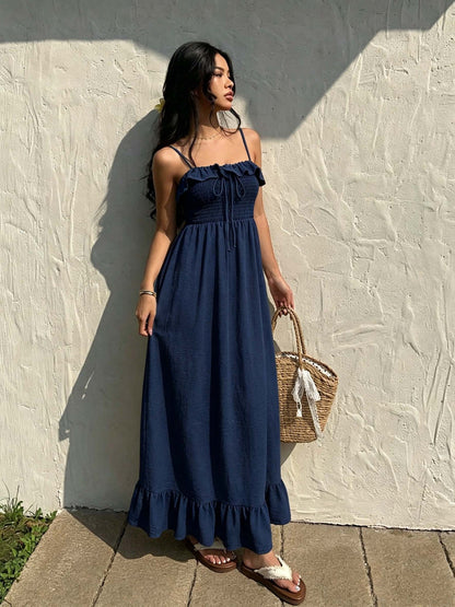 Ruffled Spaghetti Straps Dress Women Summer Tight Waist Slim Backless Long Vacation