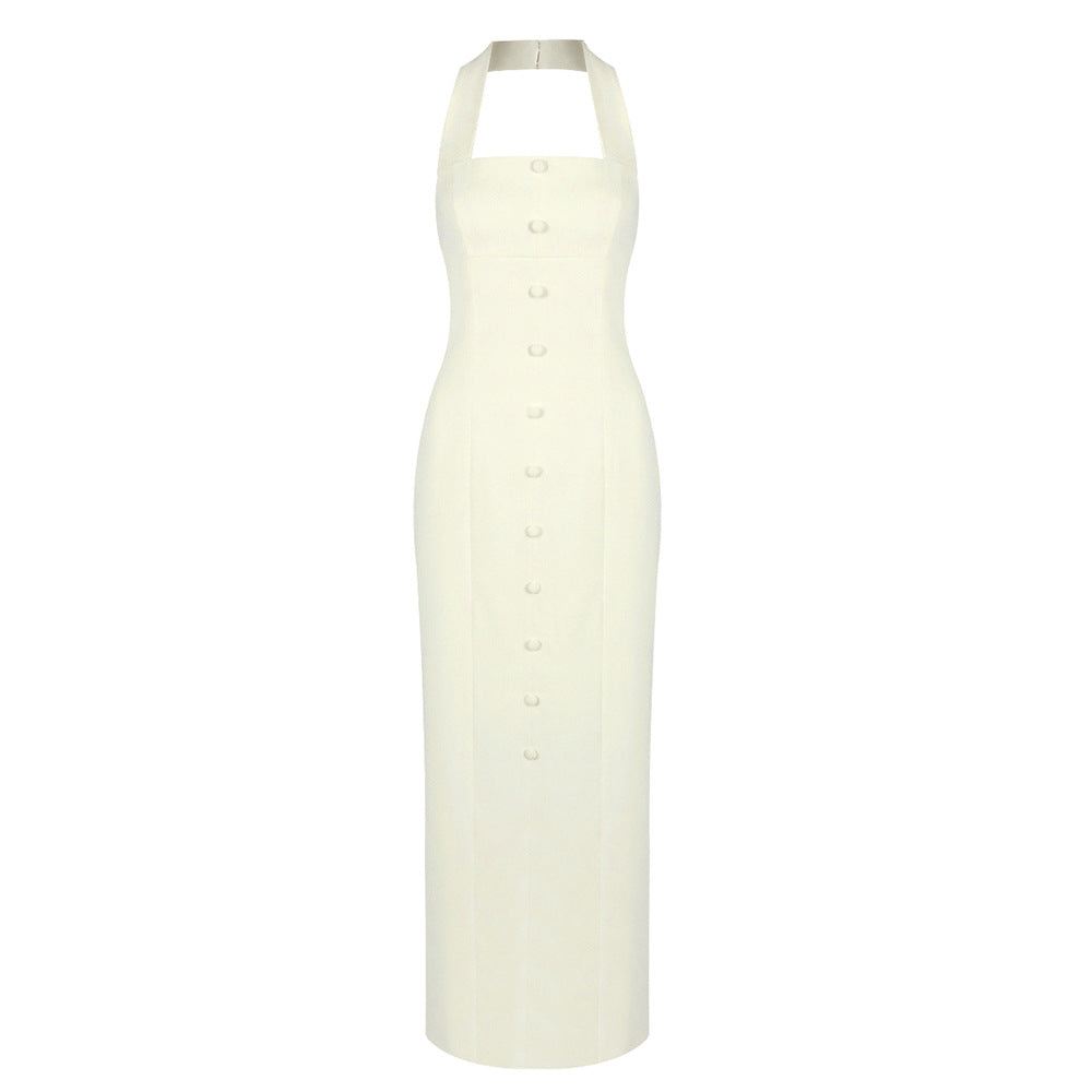Vacation Light Yellow Halter Dress Women Summer Single Breasted Slim Fit Side Slit French Light Luxury Dress