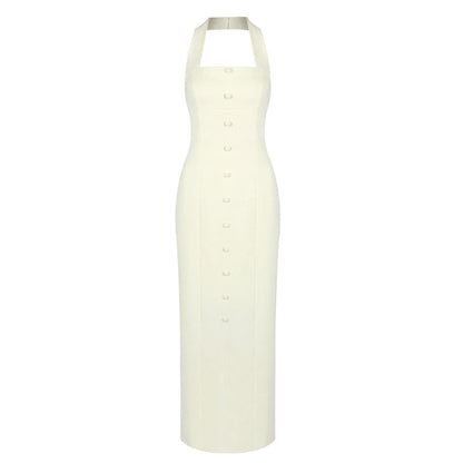 Vacation Light Yellow Halter Dress Women Summer Single Breasted Slim Fit Side Slit French Light Luxury Dress