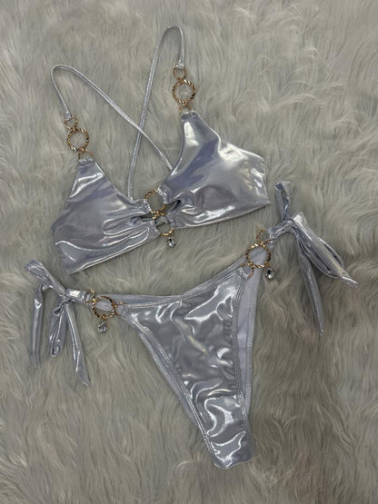 Metal Ring Hanging Diamond Bikini Sexy Cutout Lace up Split Swimsuit Vacation Swimsuit Women