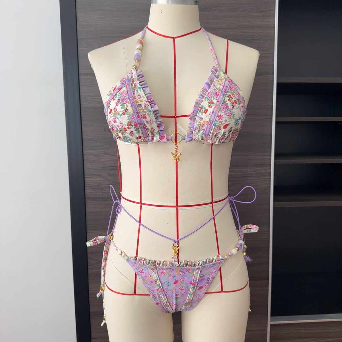 Multicolor Printing Bikini Butterfly Sexy Lace up Split Swimsuit Women Wear Beads Accessories