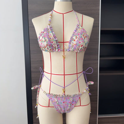 Multicolor Printing Bikini Butterfly Sexy Lace up Split Swimsuit Women Wear Beads Accessories