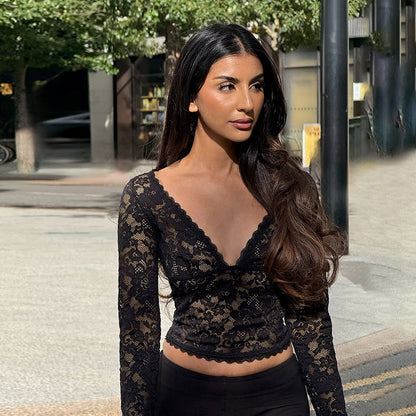 Autumn Sexy Hollow Out Cutout out V neck Lace See through Bottoming Top