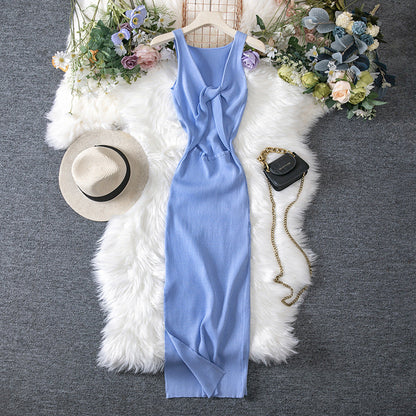 Women Clothing Summer Sexy Kinked Chest Flattering Machine Hollowed Reversible Knitted Dress