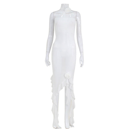 Women Clothing Tube Top Sexy Wooden Ear Stitching Non Ribbon Dress Swing Mesh Sheath Dress Women